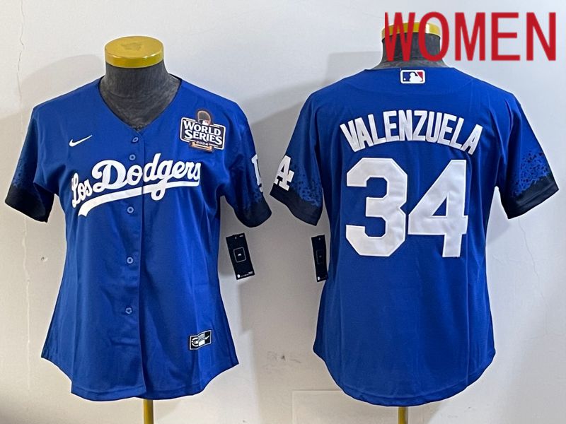 Women Los Angeles Dodgers 34 Valenzuela 2024 World series patch blue jersey 2024112004